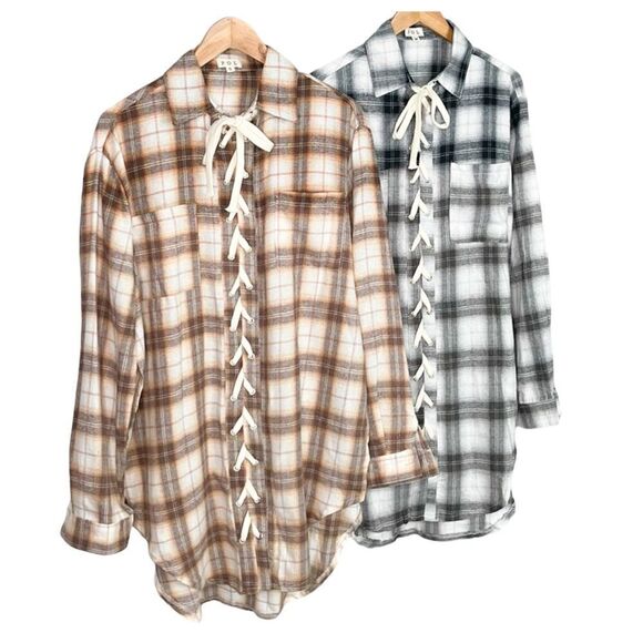 BOHO Black Plaid Lace up Shirt - Picture 10 of 11